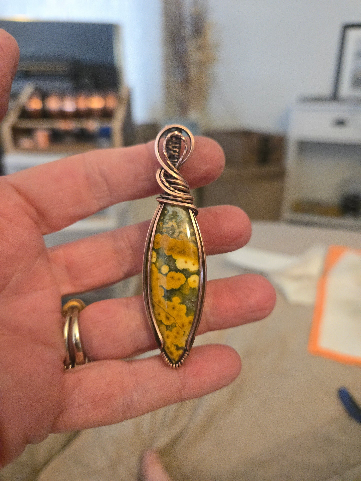 Orbicular Jasper in Antiqued Copper Wire