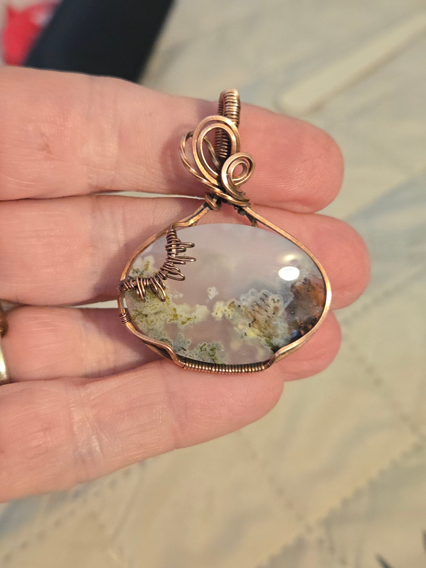 Moss Agate in Oxidized Copper Wire