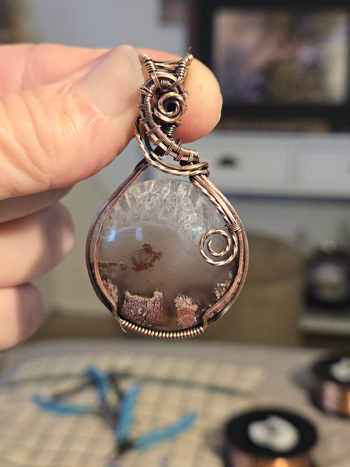 Moss Agate in Antiqued Copper Wire