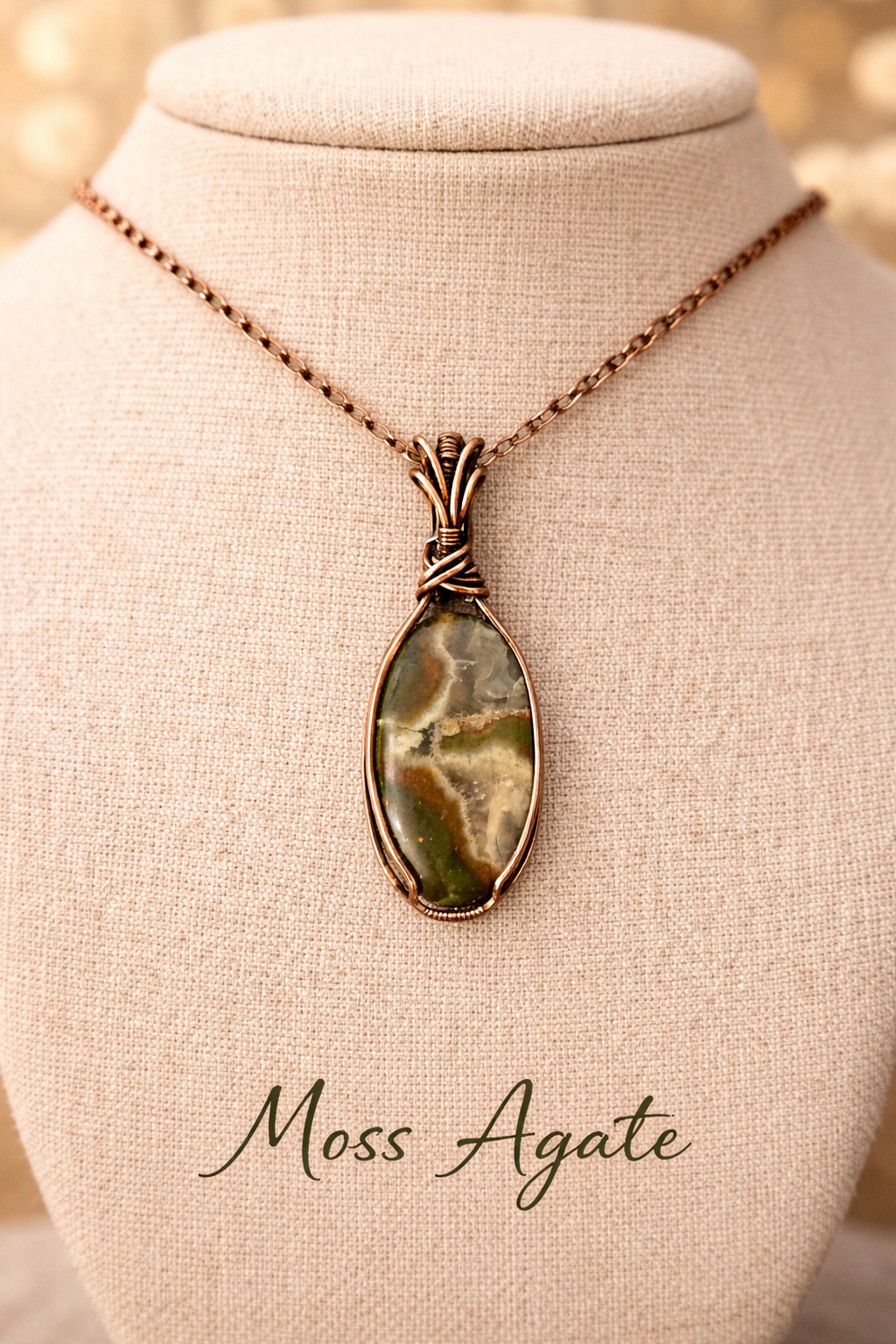 Moss Agate in Oxidized Copper Wire