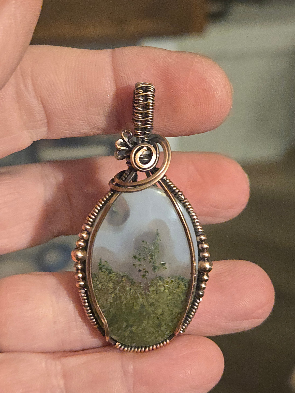 Moss Agate in Oxidized Copper Wire