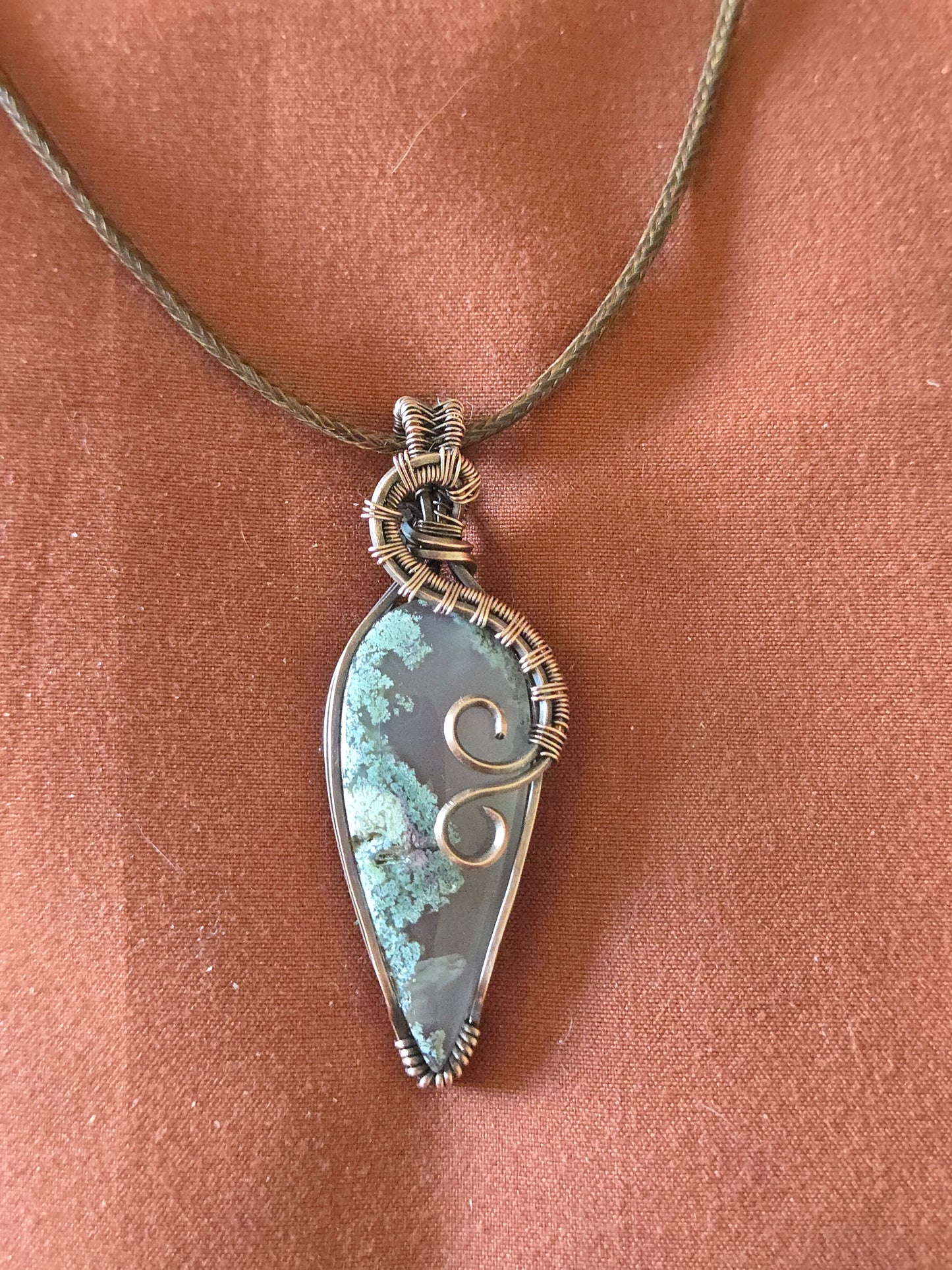 Moss Agate in Oxidized Copper Wire