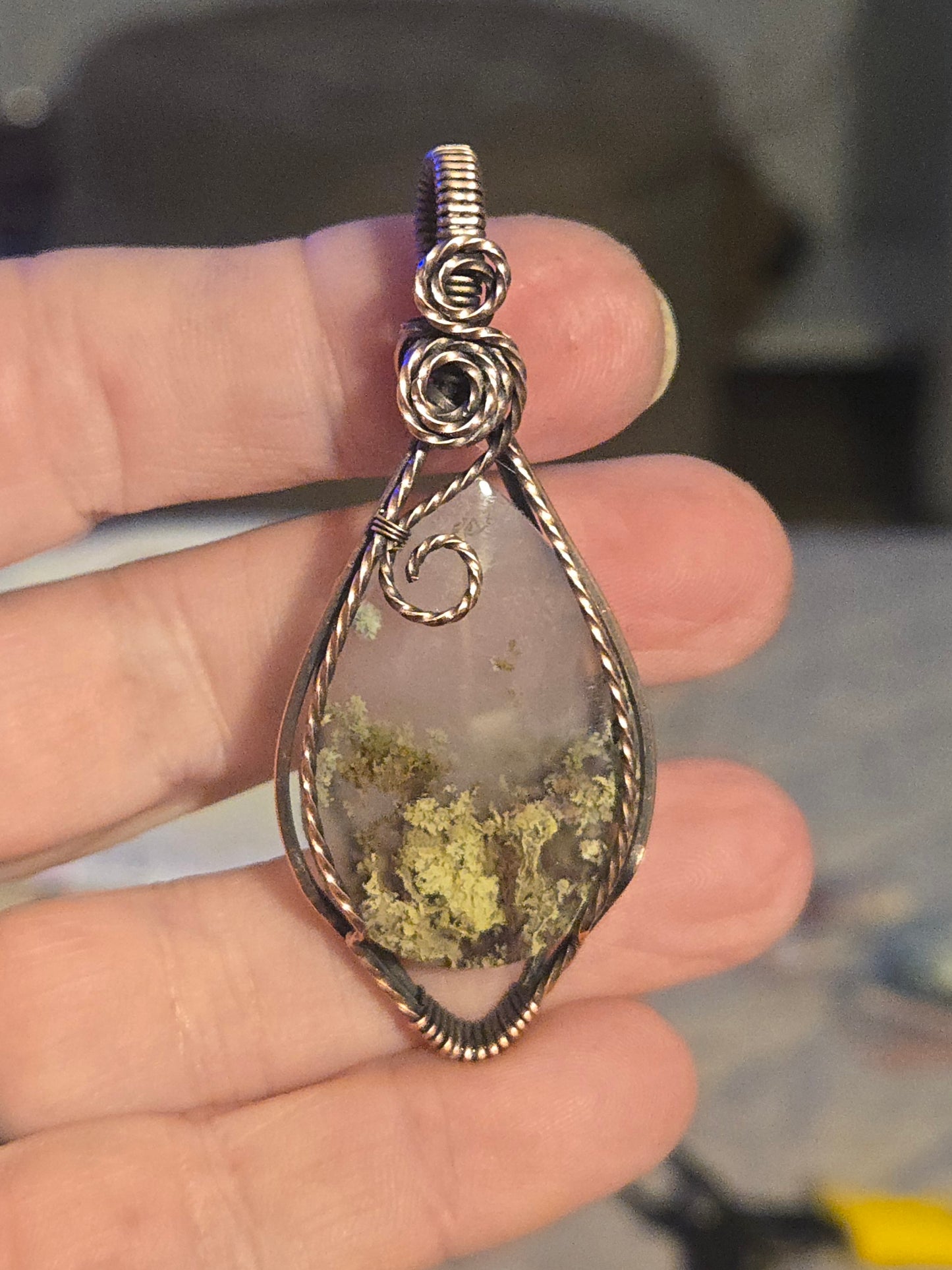 Moss Agate in Oxidized Copper Wire