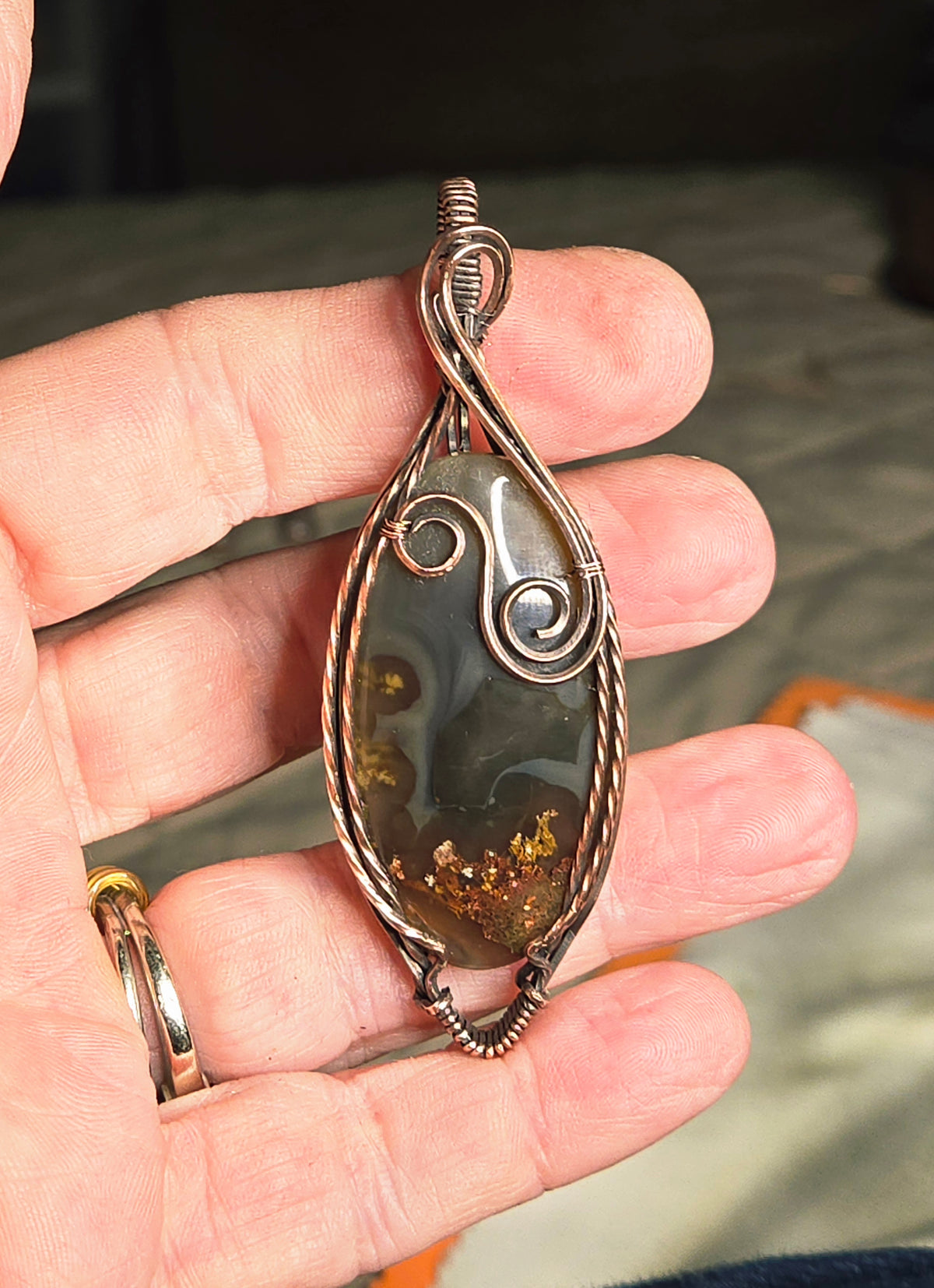 Moss Agate in Antiqued Copper Wire