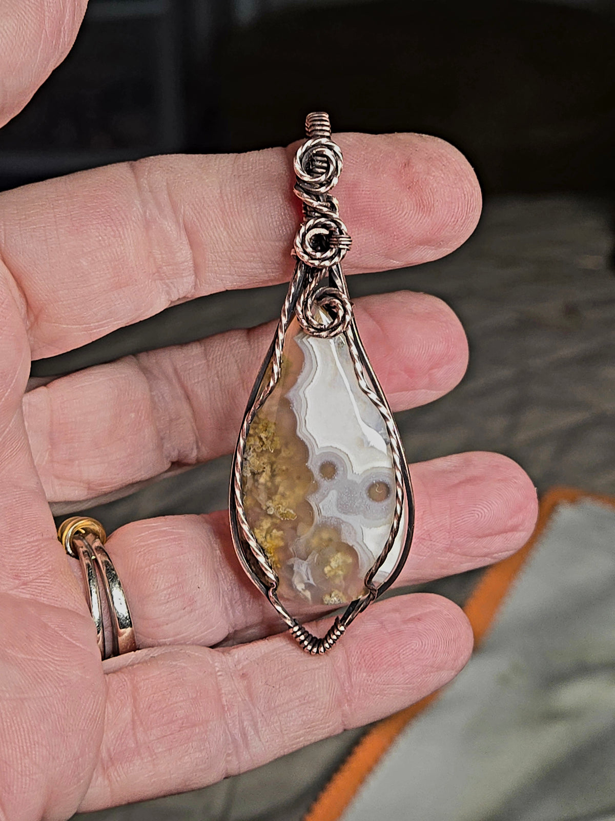 Moss Agate in Antiqued Copper Wire