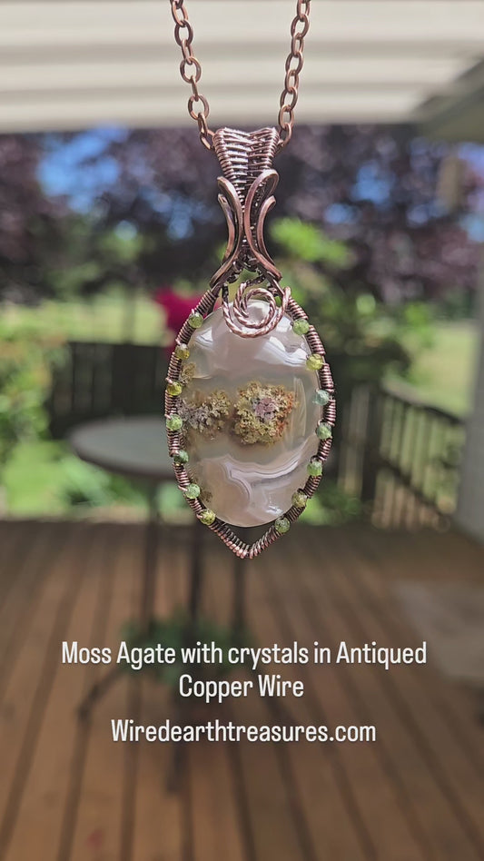 Moss Agate in Oxidized Copper Wire and sparkly crystal frame
