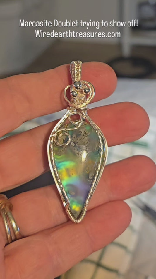 Aurora Marcasite Agate Doublet in Silver Plated Wire