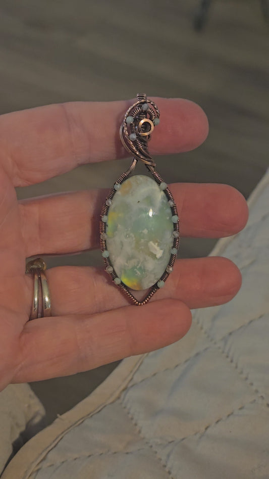 Aurora Plume Agate Doublet in Antiqued Copper Wire Moonstone and Amazonite frame