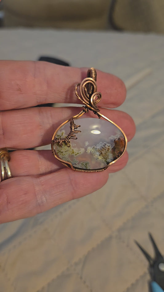 Moss Agate in Oxidized Copper Wire