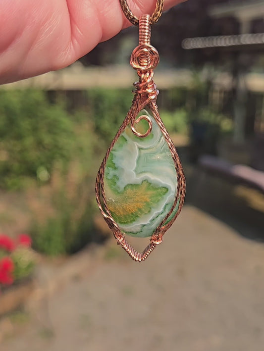 Aurora Plume Agate Doublet in Antiqued Copper Wire