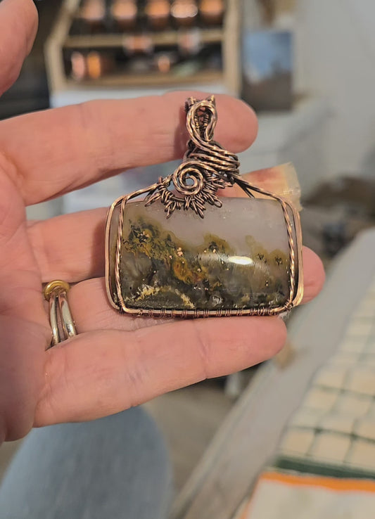 Moss Agate in Oxidized Copper Wire