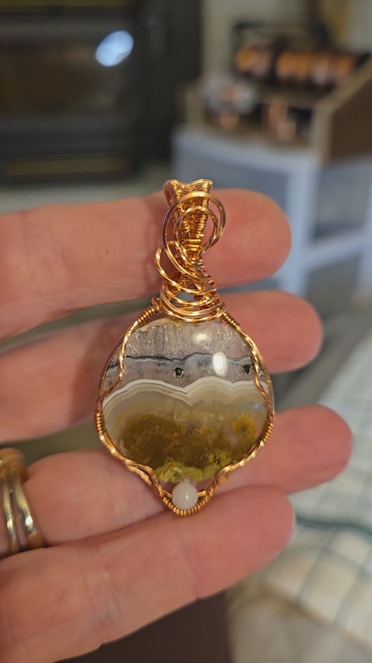 Moss Agate in Oxidized Copper Wire