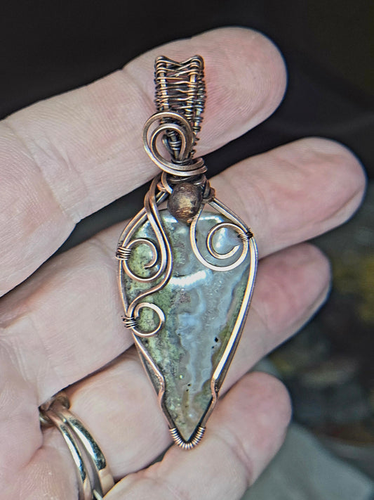 Moss Agate in Oxidized Copper Wire