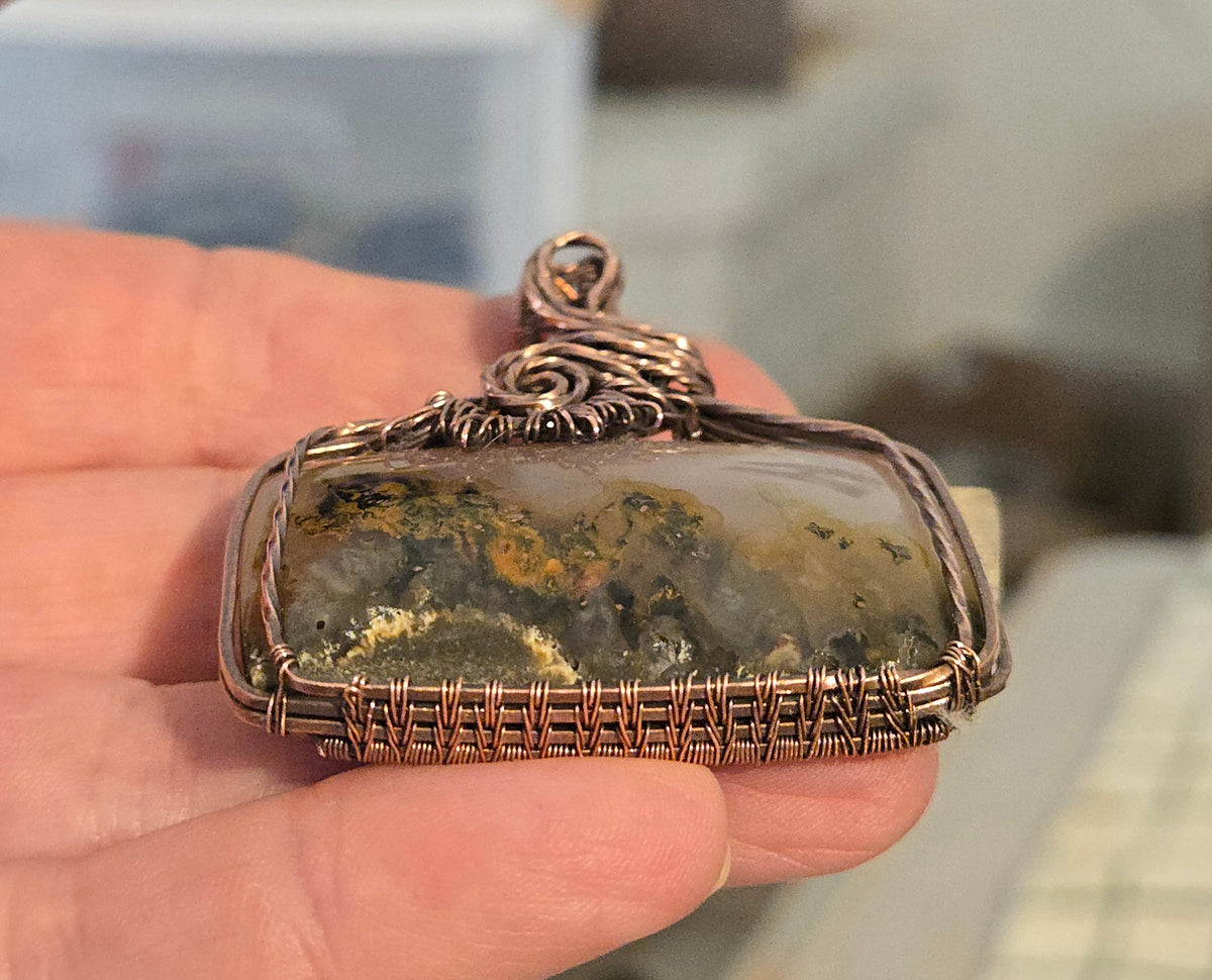 Moss Agate in Oxidized Copper Wire