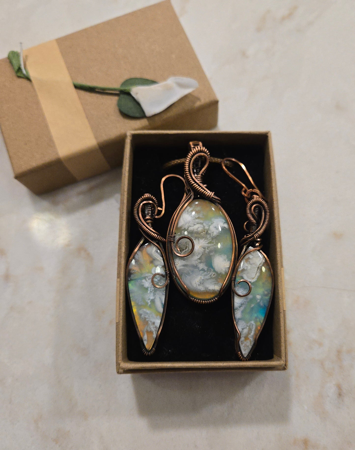 Aurora Plume Agate Doublet Set  in Antiqued Copper Wire