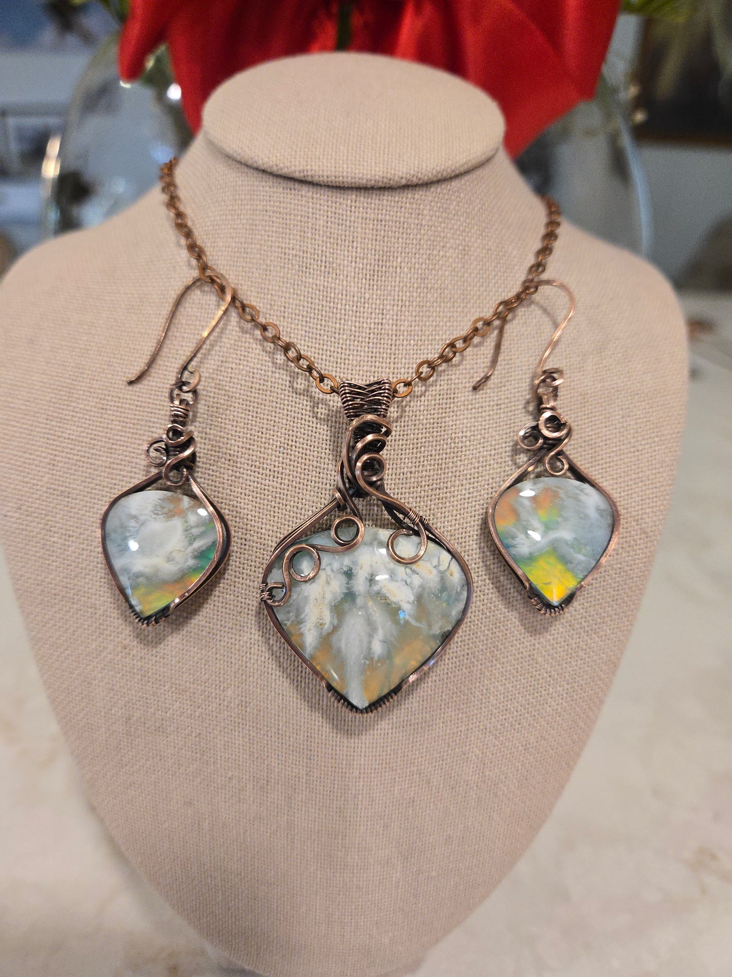Aurora Plume Agate Doublet Set in Antiqued Copper Wire