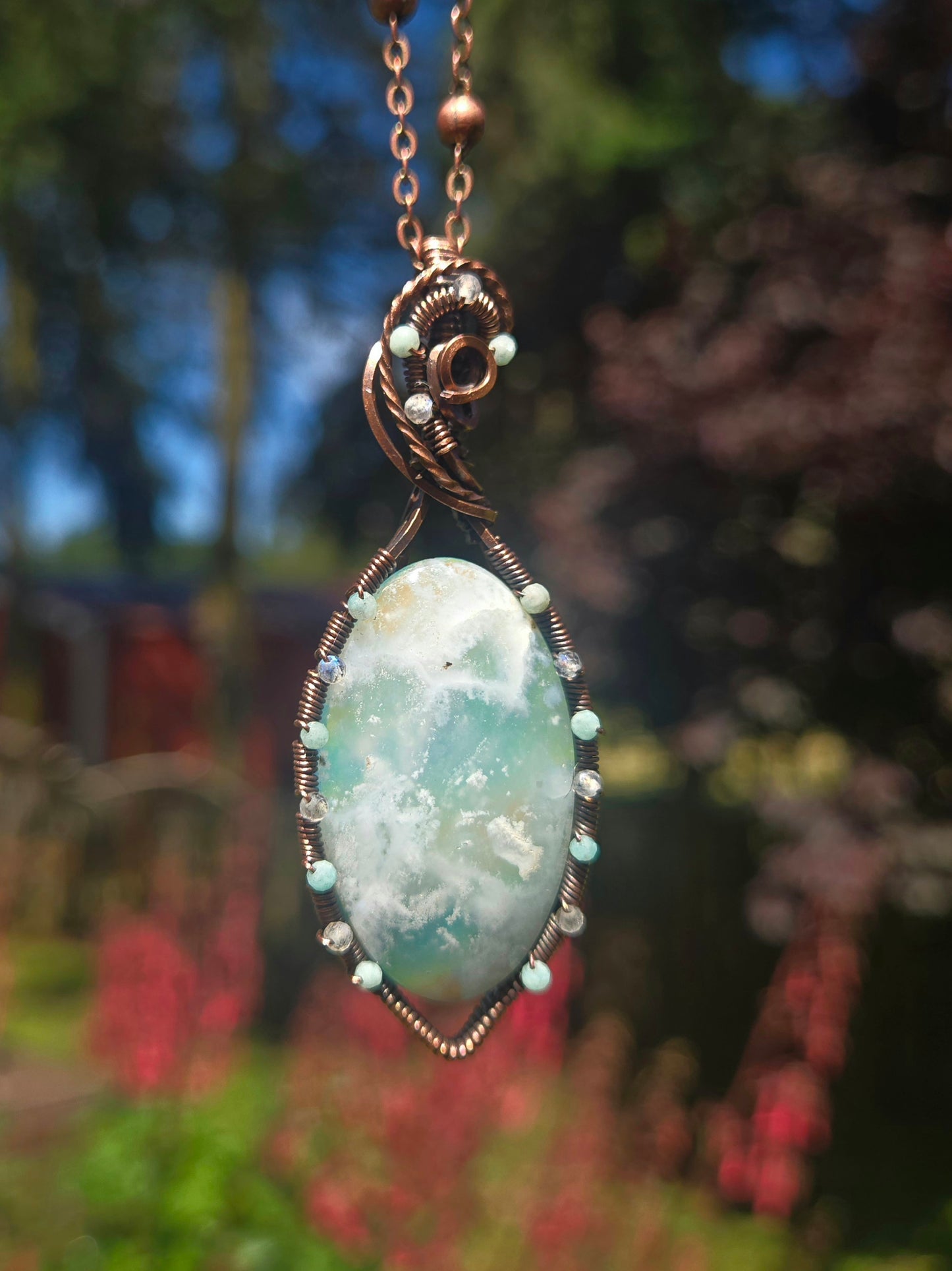 Aurora Plume Agate Doublet in Antiqued Copper Wire Moonstone and Amazonite frame