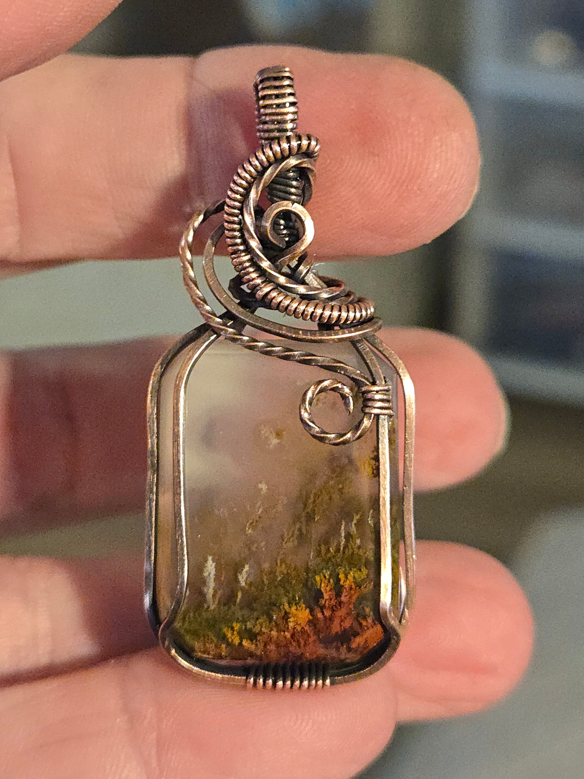 Moss Agate in Oxidized Copper Wire