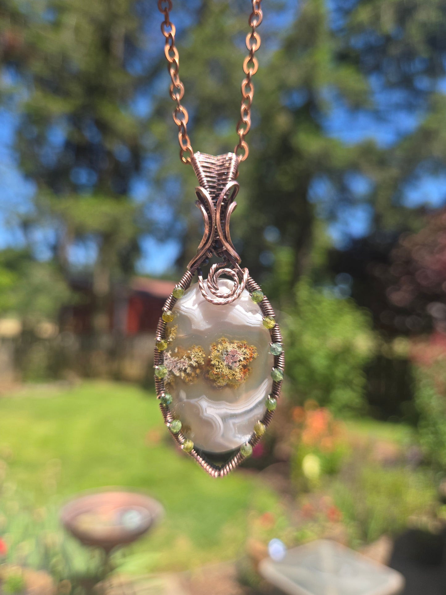 Moss Agate in Oxidized Copper Wire and sparkly crystal frame