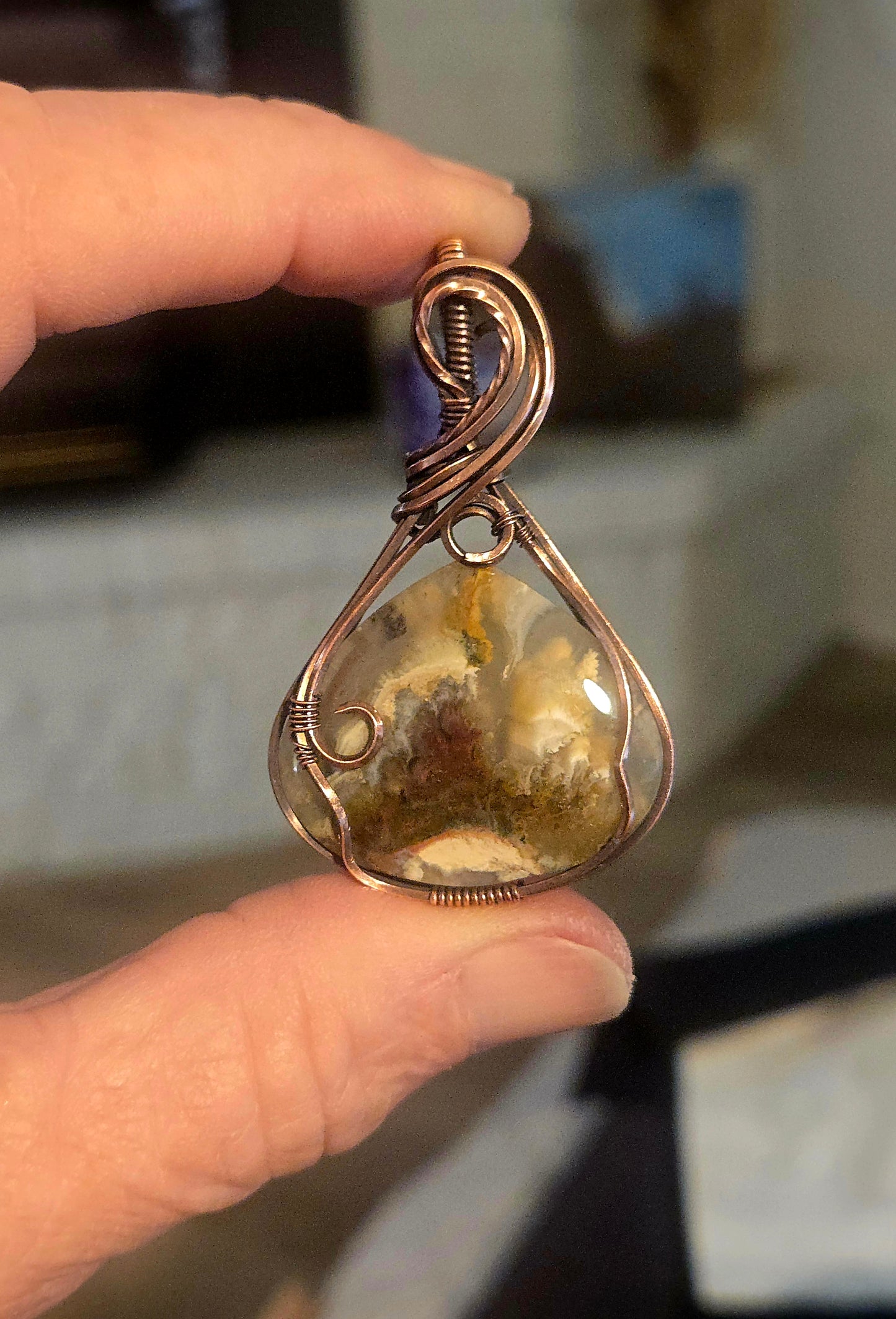 Moss Agate in Oxidized Copper Wire