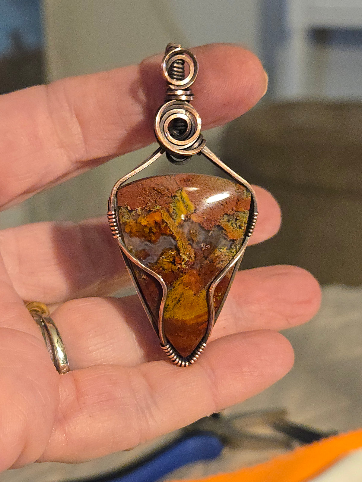 Moss Agate in Oxidized Copper Wire