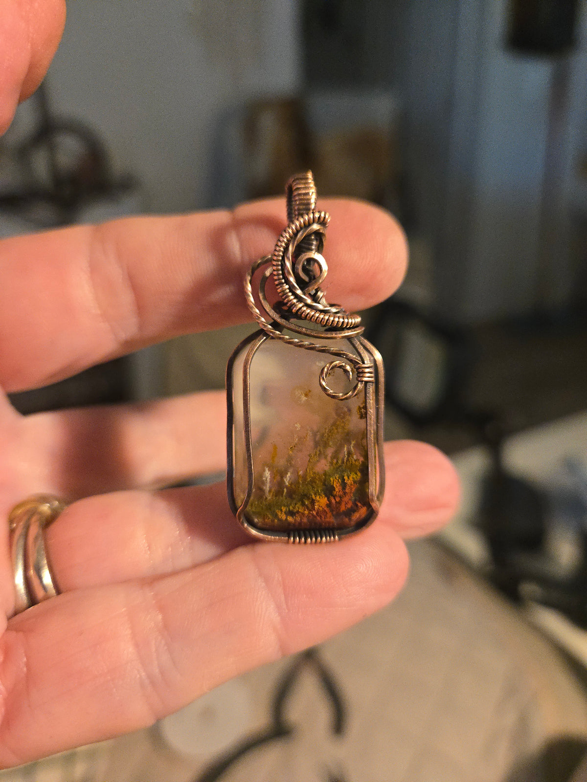 Moss Agate in Oxidized Copper Wire