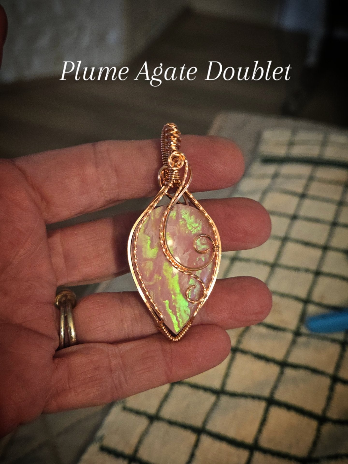 Aurora Plume Agate Doublet in Antiqued Copper Wire