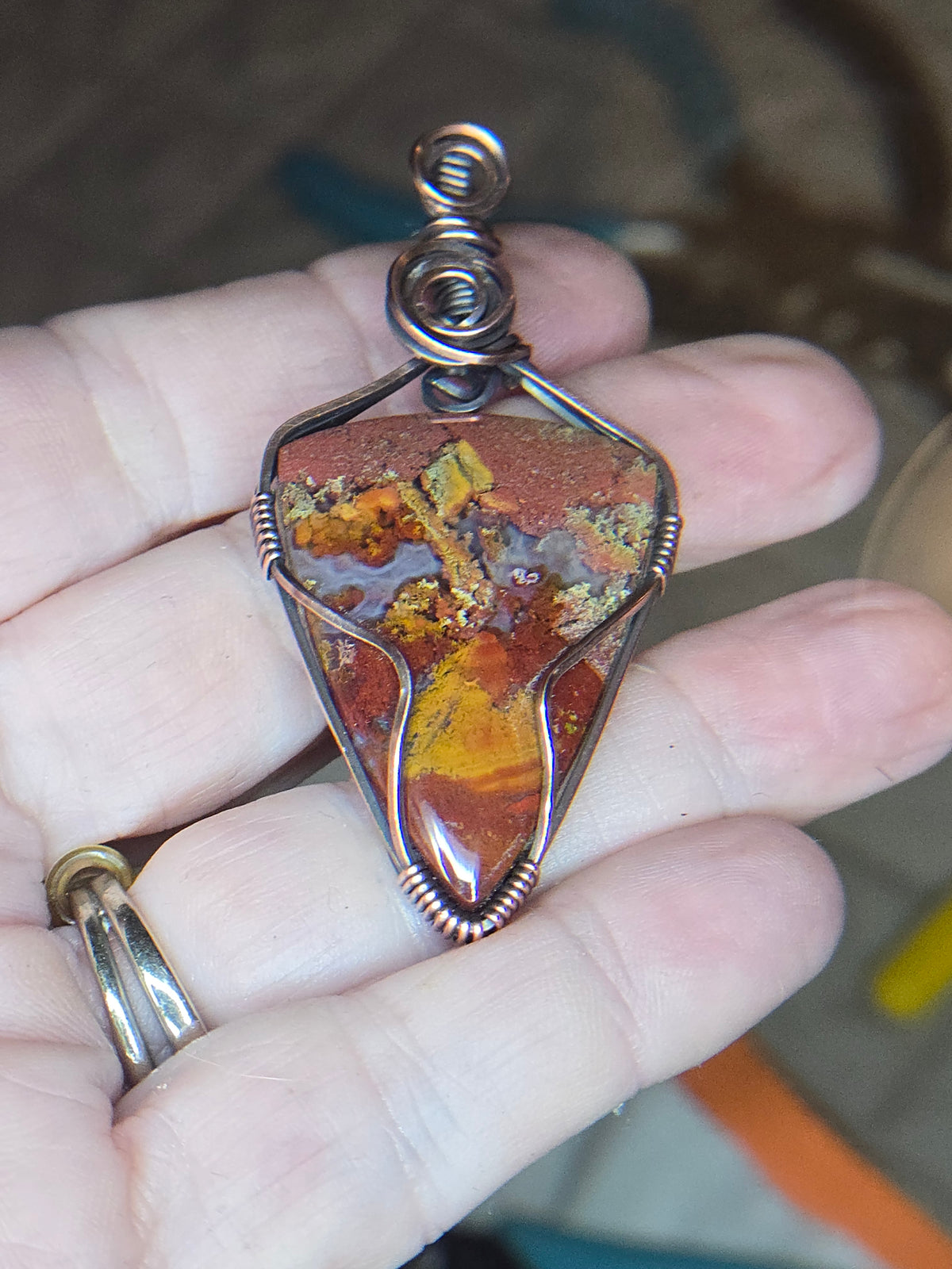 Moss Agate in Oxidized Copper Wire