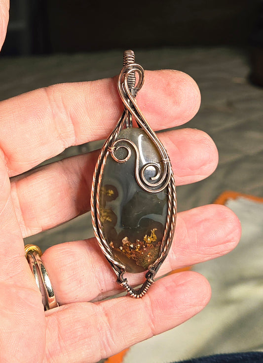 Moss Agate in Antiqued Copper Wire