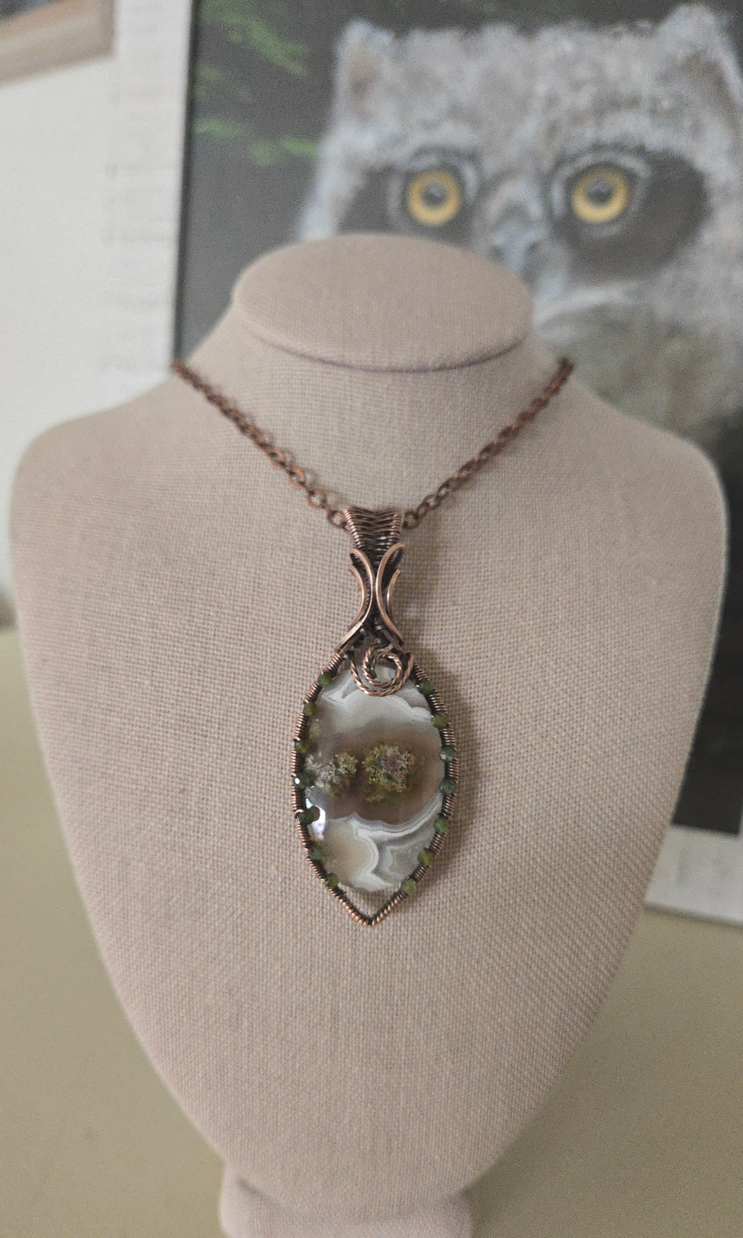Moss Agate in Oxidized Copper Wire and sparkly crystal frame