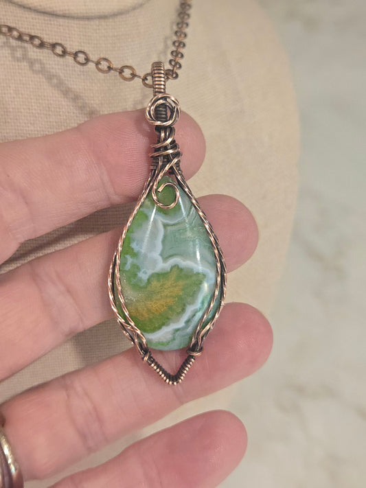 Aurora Plume Agate Doublet in Antiqued Copper Wire