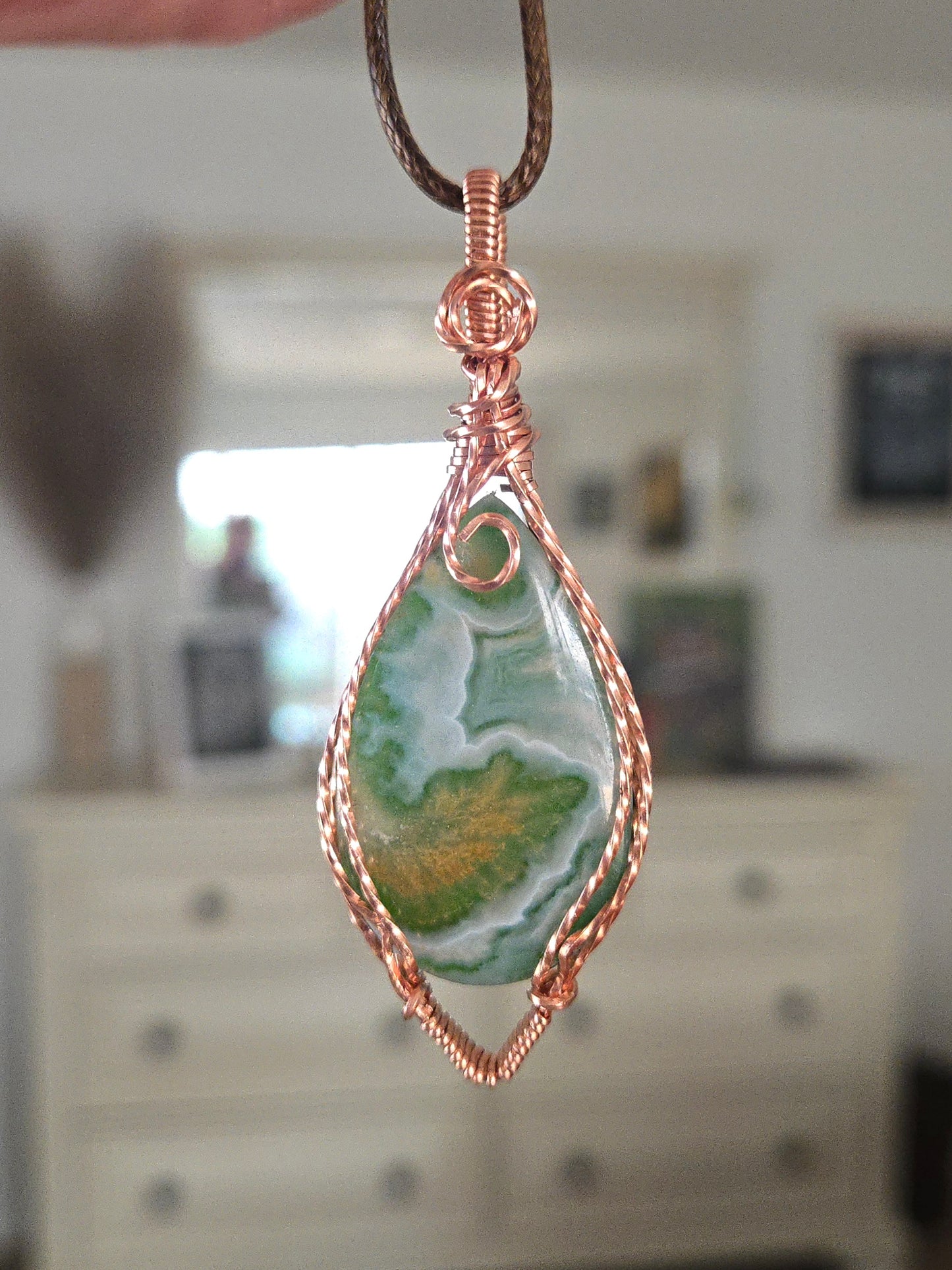 Aurora Plume Agate Doublet in Antiqued Copper Wire